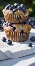 In the center of the picture is a blueberry muffin that has been split open to show the inside. The split halves sit in the paper baking cup. In the background is one other vegan blueberry muffin and a navy and white checkered tea towel in the upper right. In the upper left is a cooling rack with more muffins. Blueberries and demerara sugar are sprinkled about. Everything sits on a white marble background. At the end is a black mixing bowl with a red heart on it that contains three sugar cubes.