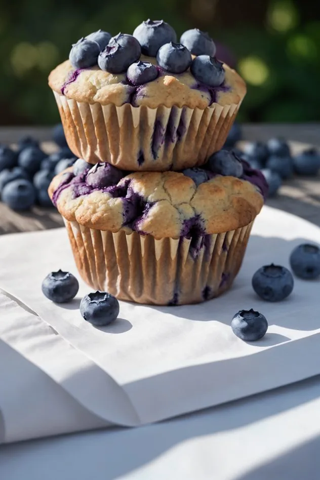 Vegan Blueberry Muffins Process Step 4 The vegan blueberry muffins prior to baking. The batter has been poured into a muffin pan which has been lined with paper baking cups. Each muffin has been garnished with demerara sugar.