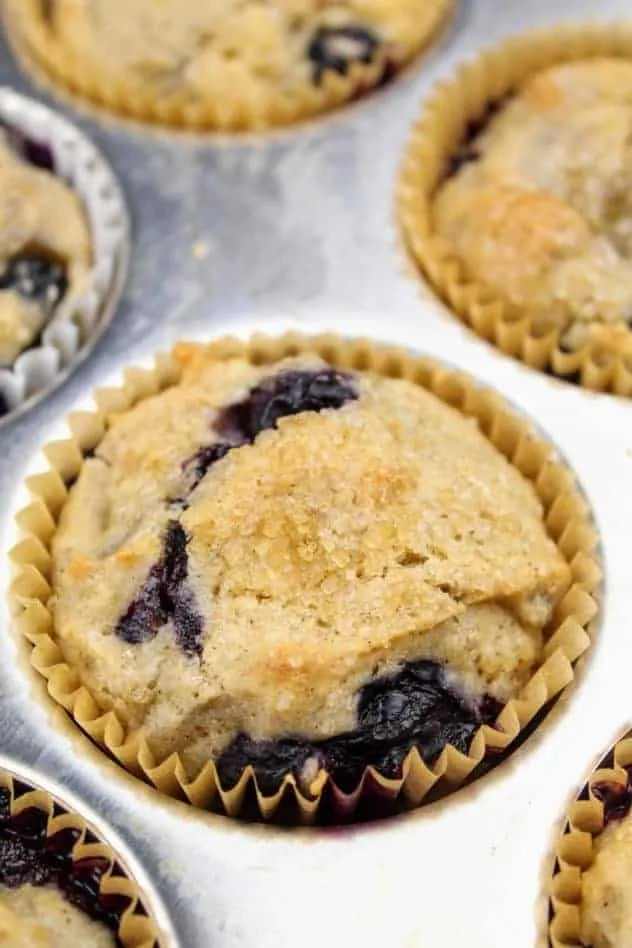 Vegan Blueberry Muffins Process Step 5 Vegan blueberry muffins sit in the muffin pan after being baked. The tops are golden brown, puffed, and rounded.