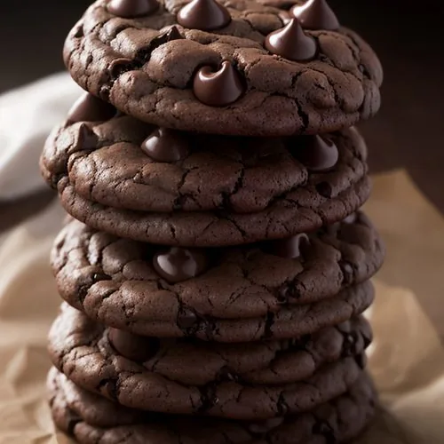 In the center is a stack of 4 vegan double chocolate zucchini cookies, with a halved cookie on top of the stack. Leaning against the stack is another halved cookie. In the upper right is a zucchini, and in the upper left are more cookies on a wire cooling rack. Halved cookies, cookie crumbs, chocolate chips, and grated zucchini lay around the cookie stack. Everything sits on a white marble background. In the center is a stack of 4 vegan double chocolate zucchini cookies, with a halved cookie on top of the stack. Leaning against the stack is another halved cookie. In the upper right is a zucchini, and in the upper left are more cookies on a wire cooling rack. Halved cookies, cookie crumbs, chocolate chips, and grated zucchini lay around the cookie stack. Everything sits on a white marble background. This is the horizontal image.