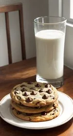 A stack of four dairy free chocolate chip cookies sits front and center. The top cookie is broken in half to show the texture of the interior. In the lower right is a small wooden bowl with chocolate chips. In the upper left is a light purple tea towel. In the upper right is a wire cookie rack with more dairy free chocolate chip cookies. Scattered about are crumbs and chocolate chips. Everything sits on a white marble background. At the top of the image are the words 'The Panicked Foodie,' with the i's colored red and dotted with red hearts. At the end is a black mixing bowl with a red heart on it that contains three sugar cubes.