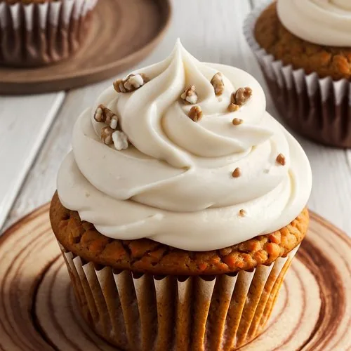 In the center of the photo is a vegan vanilla buttercream frosted vegan carrot cake cupcake surrounded by light green paper Easter grass. The cupcake is topped with chopped walnuts and ground cinnamon. More frosted cupcakes sit in the background.