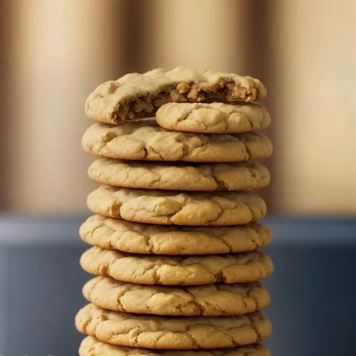 In the center of the photo is a stack of three vegan banana cookies with the top one cut in half to show the interior. To the left is a yellow tea towel and to the right is a very ripe banana. In the background are more vegan banana cookies cooling on a wire rack. Scattered about are mini chocolate chips, quick oats, and cookie crumbs. Everything sits on a white marble background.
