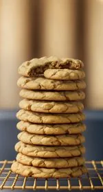 In the center of the photo is a stack of four vegan banana cookies with the top one cut in half to show the interior. To the left is a yellow tea towel and to the right is a very ripe banana. In the background are more vegan banana cookies cooling on a wire rack. Scattered about are mini chocolate chips, quick oats, and cookie crumbs. Everything sits on a white marble background. At the top of the image are the words 'The Panicked Foodie,' with the i's colored red and dotted with red hearts. At the end is a black mixing bowl with a red heart on it that contains three sugar cubes.