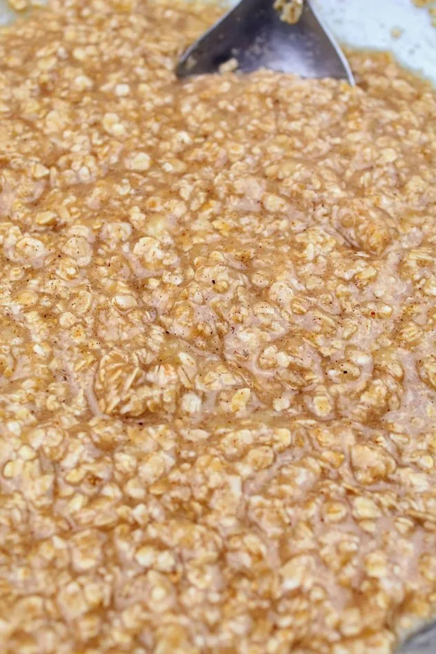 A mixture of bananas, extra light olive oil, granulated sugar, applesauce, baking soda, Kosher salt, nutmeg, cinnamon, quick oats, and vanilla extract in a large glass bowl with a stainless steel mixing spoon in the upper right.