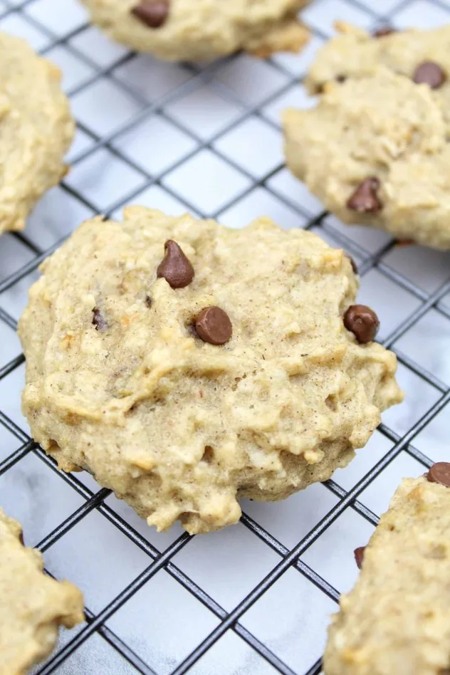 Baked vegan banana cookies cooling on a wire rack.