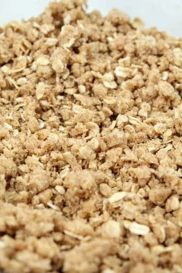 A close up of the oatmeal topping, which includes light brown sugar, gluten-free flour, quick oats, ground cinnamon, and vegan butter.