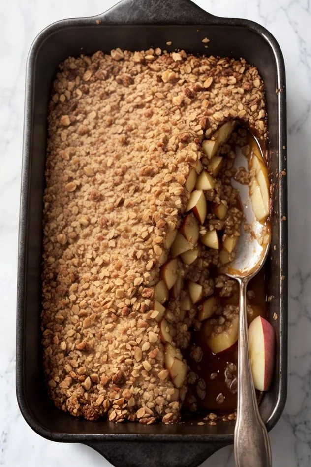An overhead view of the vegan gluten-free apple crisp in an 8 by 8 inch baking pan before going into the oven. In the upper right is a white and red checkered tea towel and in the lower left is a red apple. Everything sits on a white marble background.
