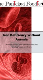 On the left is a vertical picture of red blood cells traveling through a vein. There is a white space to the right of the picture. The whole thing has a black border. Vertically centered is a white partially transparent rectangle with a black border. In the middle is the following text: "Iron Deficiency Without Anemia. A common, but poorly understood and misdiagnosed condition." At the top of the image are the words 'The Panicked Foodie,' with the i's colored red and dotted with red hearts. At the end is a black mixing bowl with a red heart on it that contains three sugar cubes.