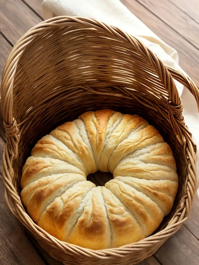 Homemade Crescent Rolls Step 4b Inside of the oven. A rack sits in the lowest position in the oven with a 13"x9" glass pan containing boiling water sitting on top. A rack also sits in the middle position in the oven with a kitchen towel covered glass bowl containing the dough sitting on top.