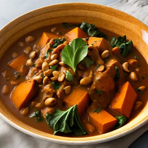 African peanut stew in an ornate white bowl sits in the center on a wooden cutting board. The stew is topped with strips of jasmine rice, chopped collard greens, and chopped peanuts. To the right of the bowl is a white and blue checkered tea towel. To the left of the bowl is half of a lime and sliced sweet potato. Scattered about are chopped collard greens and chopped peanuts.